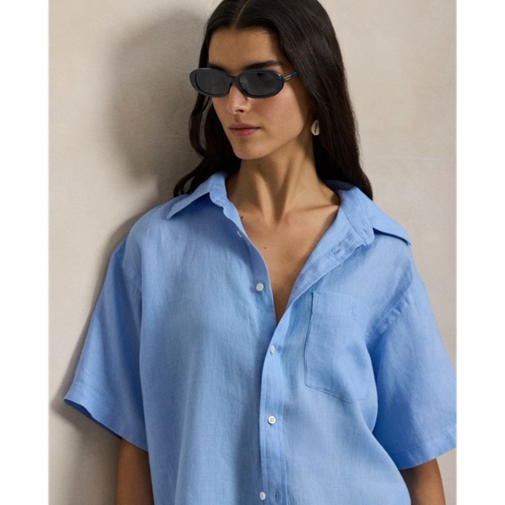 Ralph Lauren NWT❗️Button Down Linen Top Light Blue Short Sleeve Button-Up Shirt - Picture 3 of 9
